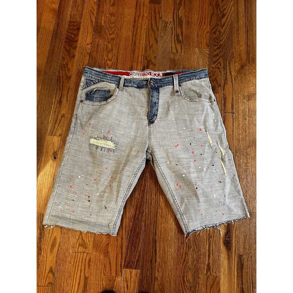 Smugglers Moon Mens Denim Shorts 42 Raw Hem Paint Distressed Unique - Picture 1 of 16